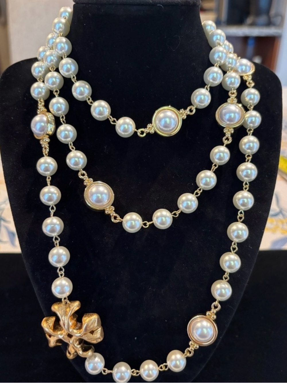 Tory Burch Gold-Tone Pearl Multi-Strand Necklace with Floral Accent